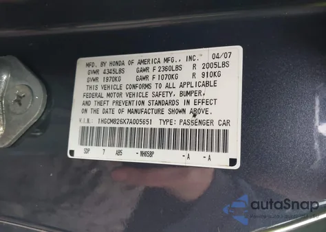 2007 Honda Accord 3.0 Ex from USA, damaged, VIN 1HGCM826X7A005651